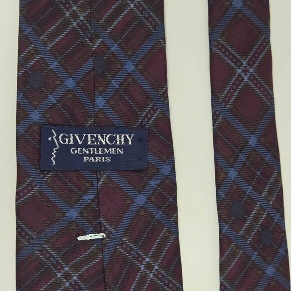 GIVENCHY GENTLEMAN PARIS SILK TIE MAROON BLUE TARTAN PLAID 3.5" X 55" - Picture 3 of 3